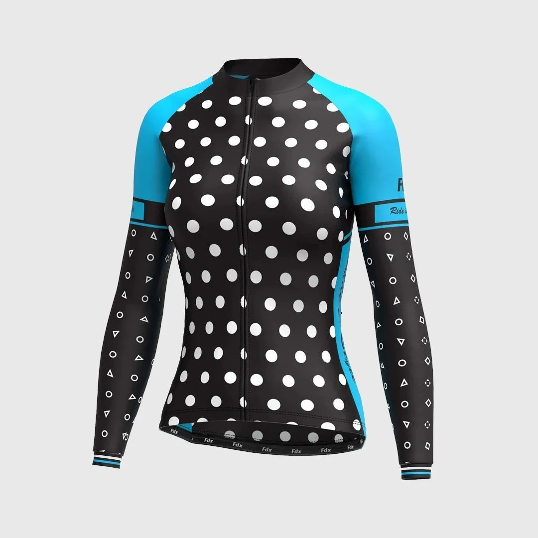 Fdx Women's Set Polka Dots Thermal Long Sleeve Cycling Jersey & Bib Tights - Blue