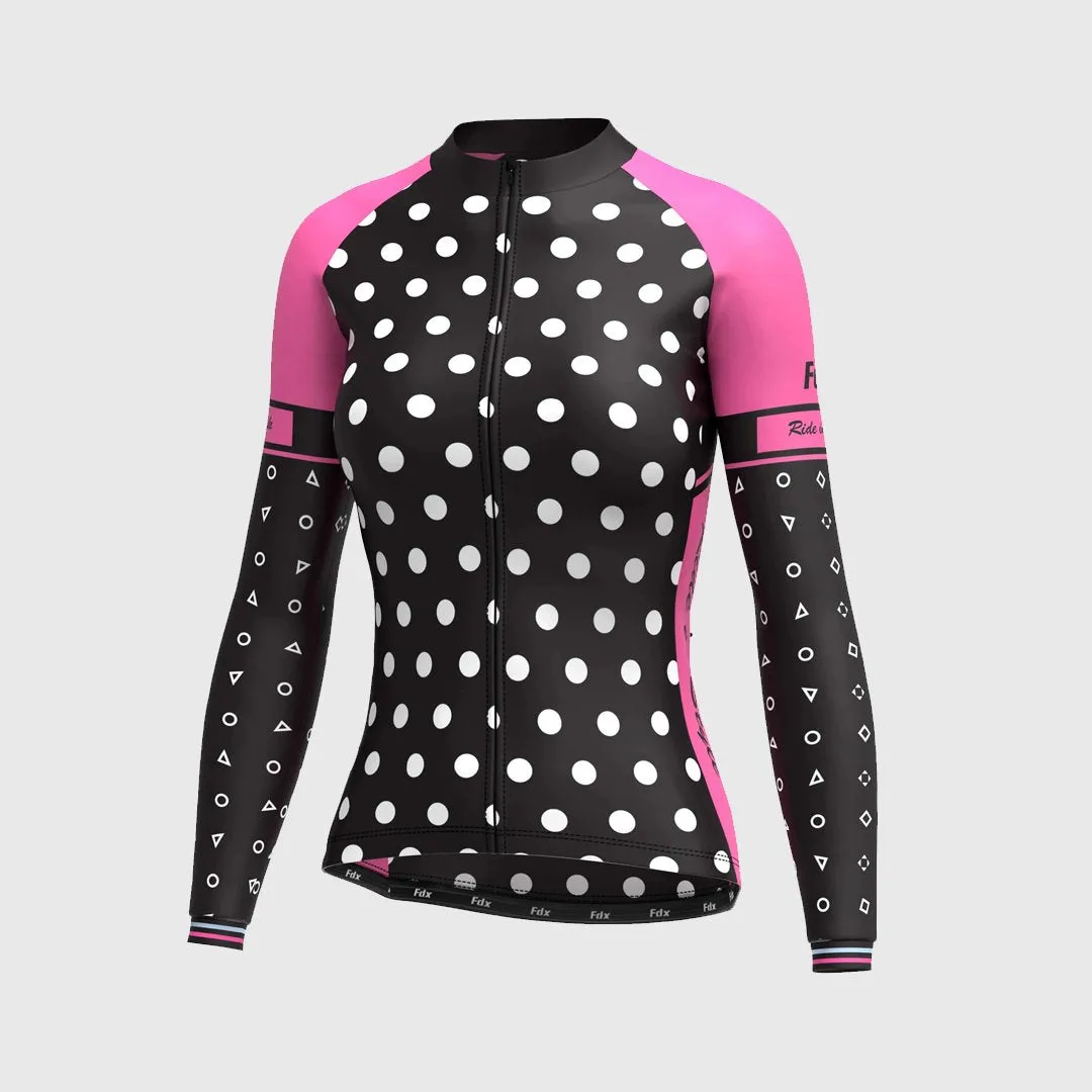 Fdx Women's Set Polka Dots Thermal Long Sleeve Cycling Jersey & Bib Tights - Pink