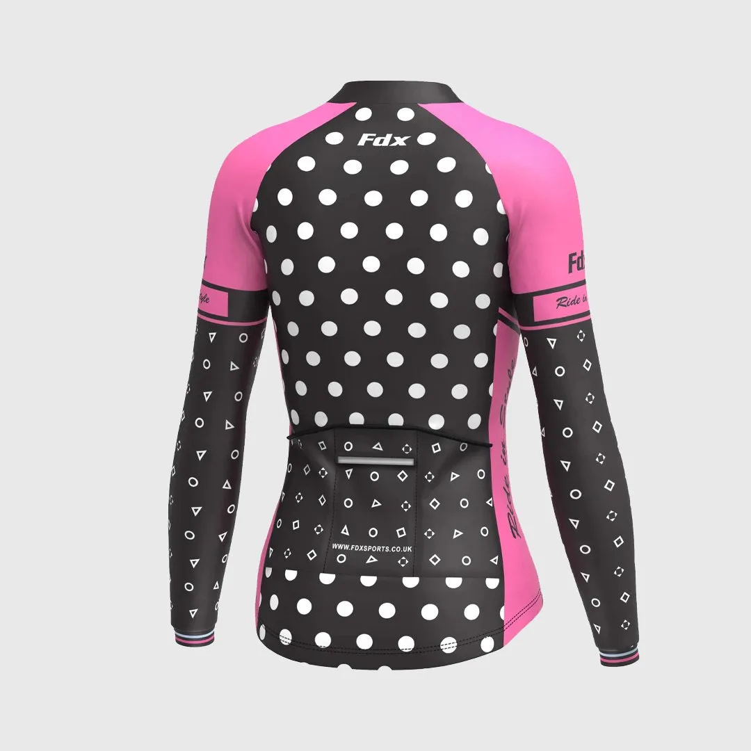 Fdx Women's Set Polka Dots Thermal Long Sleeve Cycling Jersey & Bib Tights - Pink