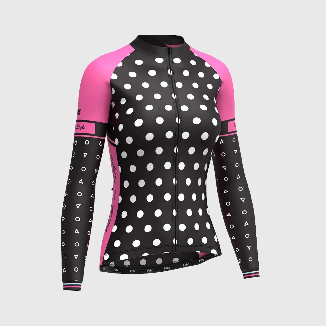 Fdx Women's Set Polka Dots Thermal Long Sleeve Cycling Jersey & Bib Tights - Pink