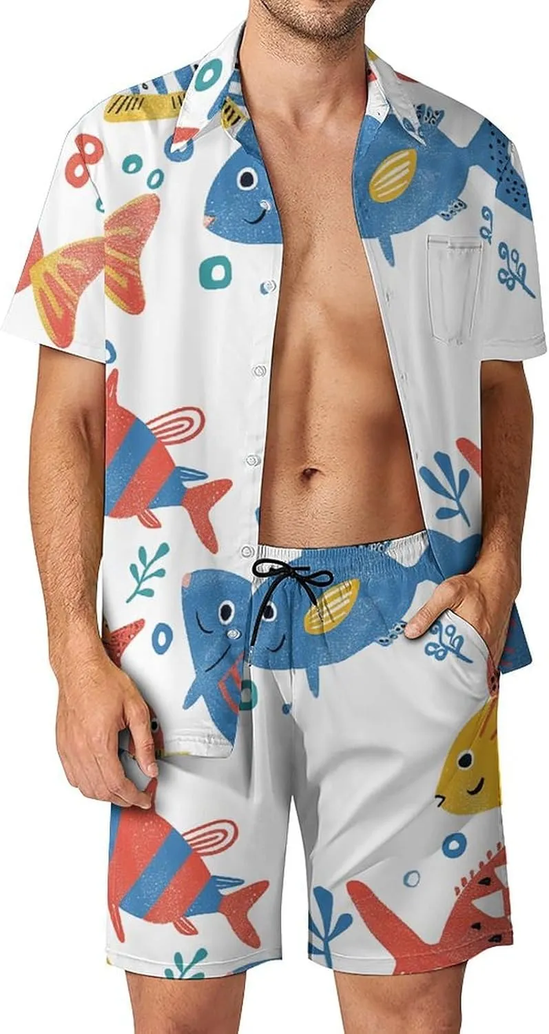 Fish Mens Swimsuit 2 Pieces Set Quick Dry Shorts Shirts Summer Button Down Short Sleeve Set