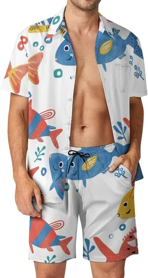 Fish Mens Swimsuit 2 Pieces Set Quick Dry Shorts Shirts Summer Button Down Short Sleeve Set