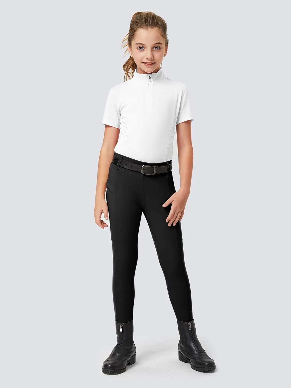 FitsT4 Sports Girls Riding Pants Full Seat Kids Equestrian Breeches Stretchy Youth Horse Schooling Tights Zipper Pockets