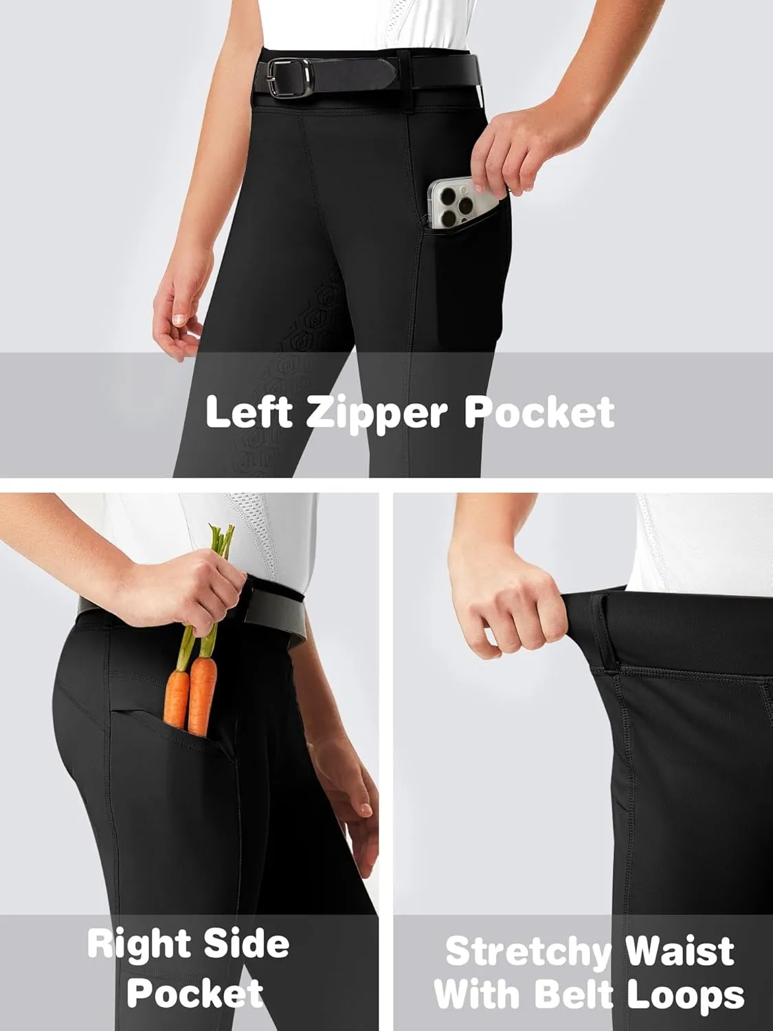 FitsT4 Sports Girls Riding Pants Full Seat Kids Equestrian Breeches Stretchy Youth Horse Schooling Tights Zipper Pockets