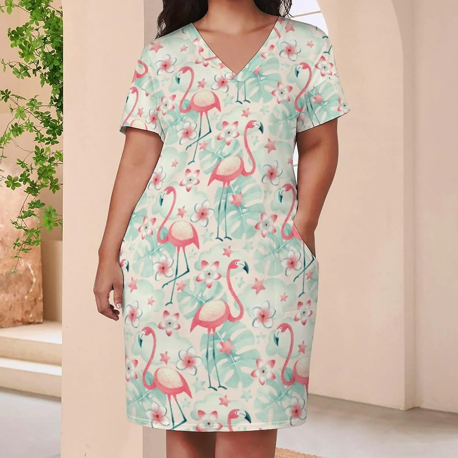 Flamingos Midi Dresses Plus Size Women Dress Casual Loose V Neck Short Sleeve Tshirt Dresse Sexy Pocket Skirts