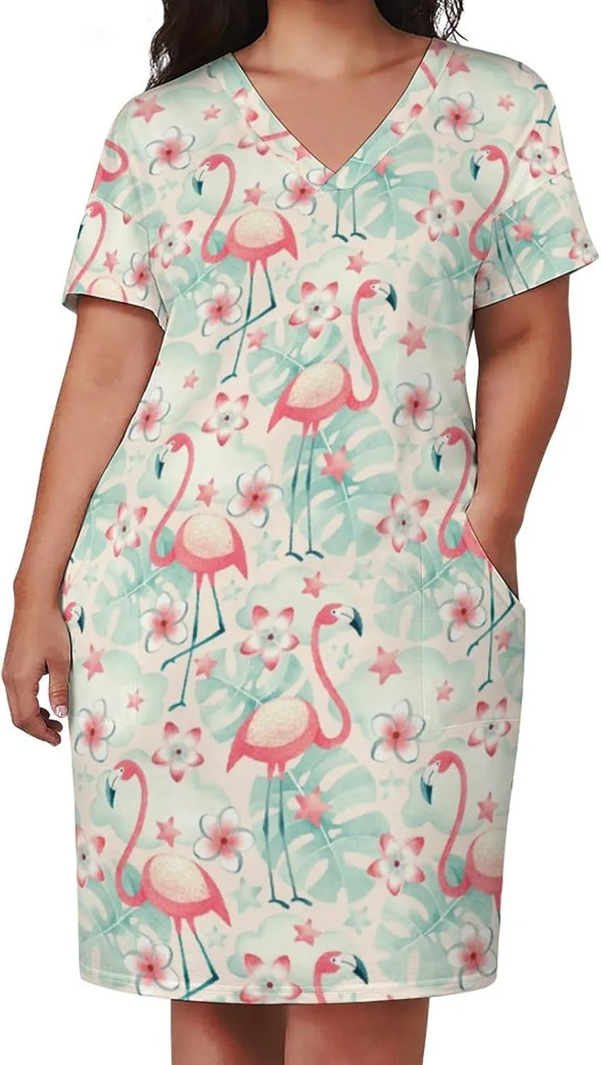Flamingos Midi Dresses Plus Size Women Dress Casual Loose V Neck Short Sleeve Tshirt Dresse Sexy Pocket Skirts