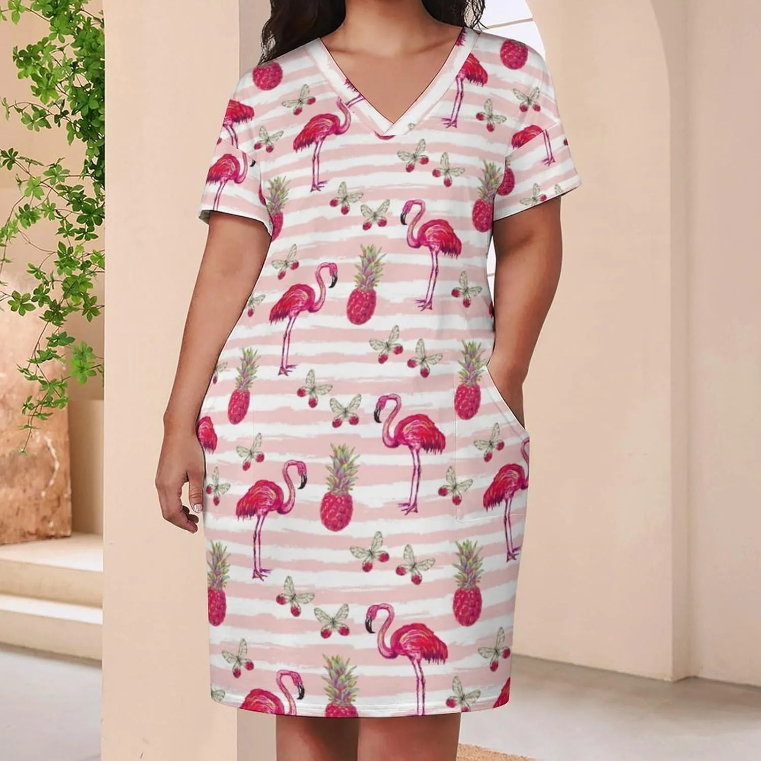 Flamingos Midi Dresses Plus Size Women Dress Casual Loose V Neck Short Sleeve Tshirt Dresse Sexy Pocket Skirts