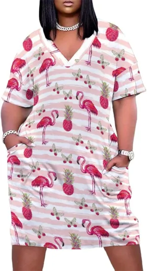 Flamingos Midi Dresses Plus Size Women Dress Casual Loose V Neck Short Sleeve Tshirt Dresse Sexy Pocket Skirts