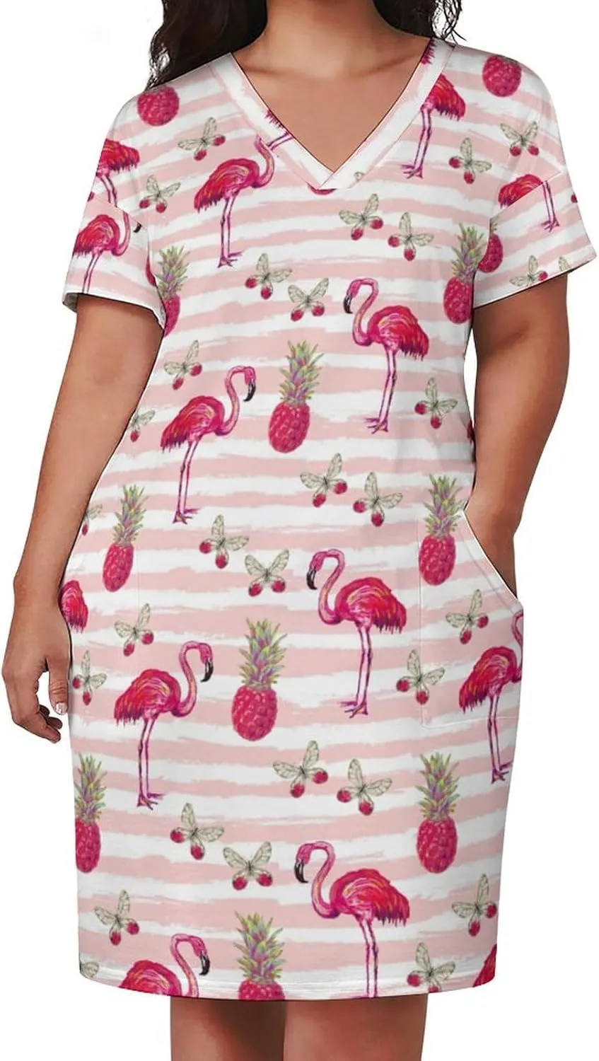 Flamingos Midi Dresses Plus Size Women Dress Casual Loose V Neck Short Sleeve Tshirt Dresse Sexy Pocket Skirts