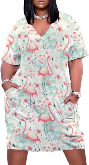 Flamingos Midi Dresses Plus Size Women Dress Casual Loose V Neck Short Sleeve Tshirt Dresse Sexy Pocket Skirts