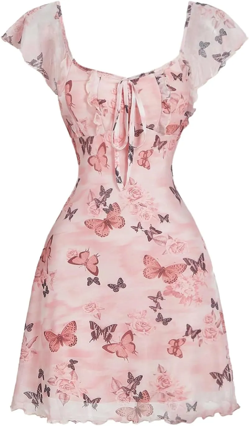 Floerns Women's Floral Print Cap Sleeve Dress Square Neck Tie Front Summer A Line Cute Mini Dresses