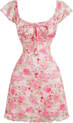 Floerns Women's Floral Print Cap Sleeve Dress Square Neck Tie Front Summer A Line Cute Mini Dresses
