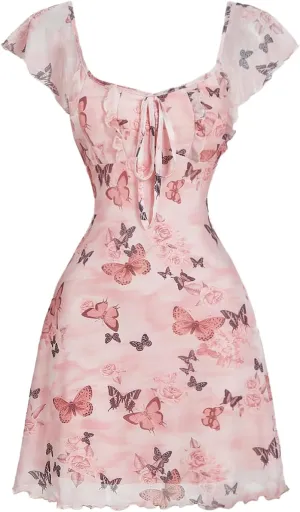 Floerns Women's Floral Print Cap Sleeve Dress Square Neck Tie Front Summer A Line Cute Mini Dresses