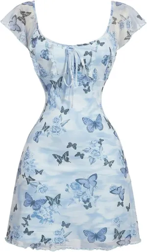 Floerns Women's Floral Print Cap Sleeve Dress Square Neck Tie Front Summer A Line Cute Mini Dresses