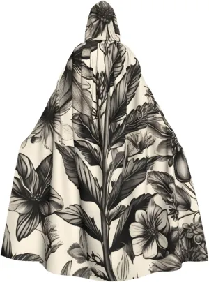 Floral Herbs Botanical Pattern Print Halloween Hooded Cloak Hooded Cape Adult Halloween Costume Cosplay Witch Cloak with Extra Comfort Black