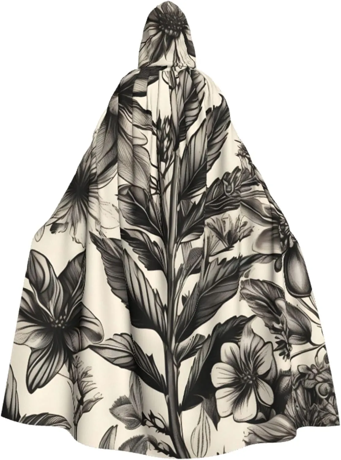 Floral Herbs Botanical Pattern Print Halloween Hooded Cloak Hooded Cape Adult Halloween Costume Cosplay Witch Cloak with Extra Comfort Black