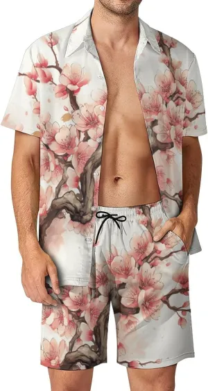 Flower Pattern Mens Swimsuit 2 Pieces Set Quick Dry Shorts Shirts Summer Button Down Short Sleeve Set