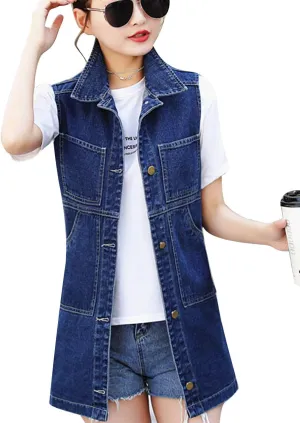 Flygo Womens Casual Loose Sleeveless Ripped Slit Denim Jean Vest Jacket (Medium, Blue)