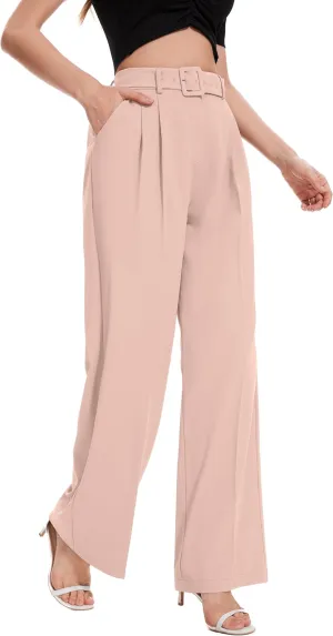FUNYYZO Women's High Waist Wide Leg Pants Business Work Office Casual Long Pants Belted Trousers
