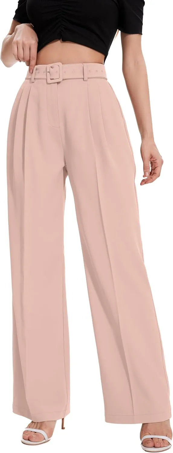 FUNYYZO Women's High Waist Wide Leg Pants Business Work Office Casual Long Pants Belted Trousers