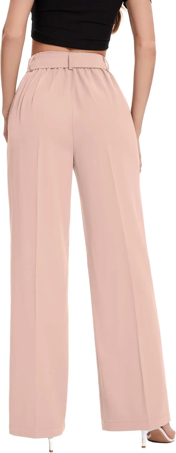 FUNYYZO Women's High Waist Wide Leg Pants Business Work Office Casual Long Pants Belted Trousers