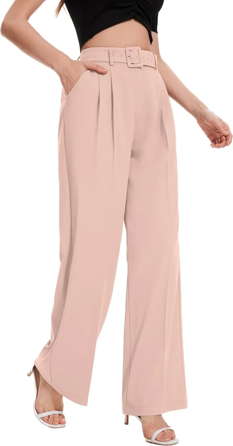 FUNYYZO Women's High Waist Wide Leg Pants Business Work Office Casual Long Pants Belted Trousers
