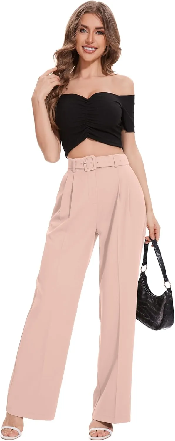 FUNYYZO Women's High Waist Wide Leg Pants Business Work Office Casual Long Pants Belted Trousers