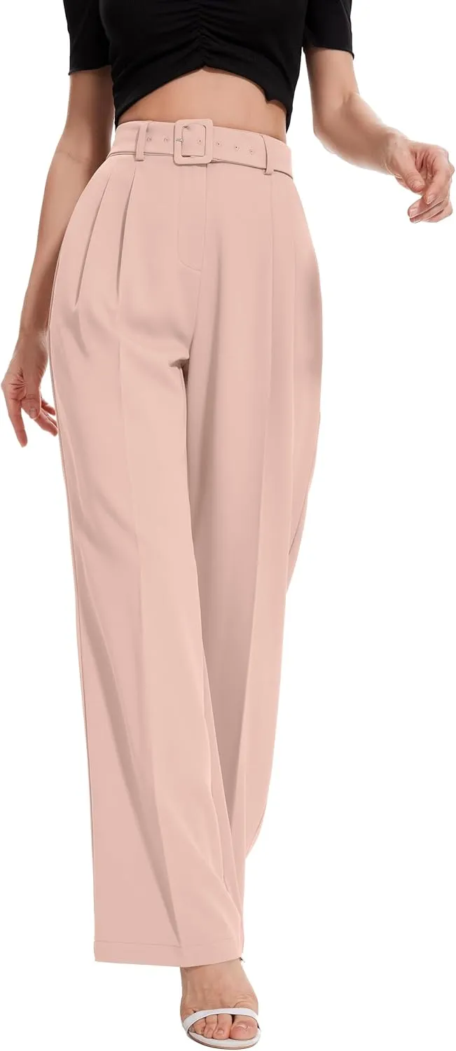 FUNYYZO Women's High Waist Wide Leg Pants Business Work Office Casual Long Pants Belted Trousers
