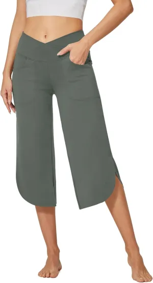 G4Free Capri Pants for Women Wide Leg Yoga Pants for Summer Flowy Capris Loose Casual Cropped Pants with Pockets