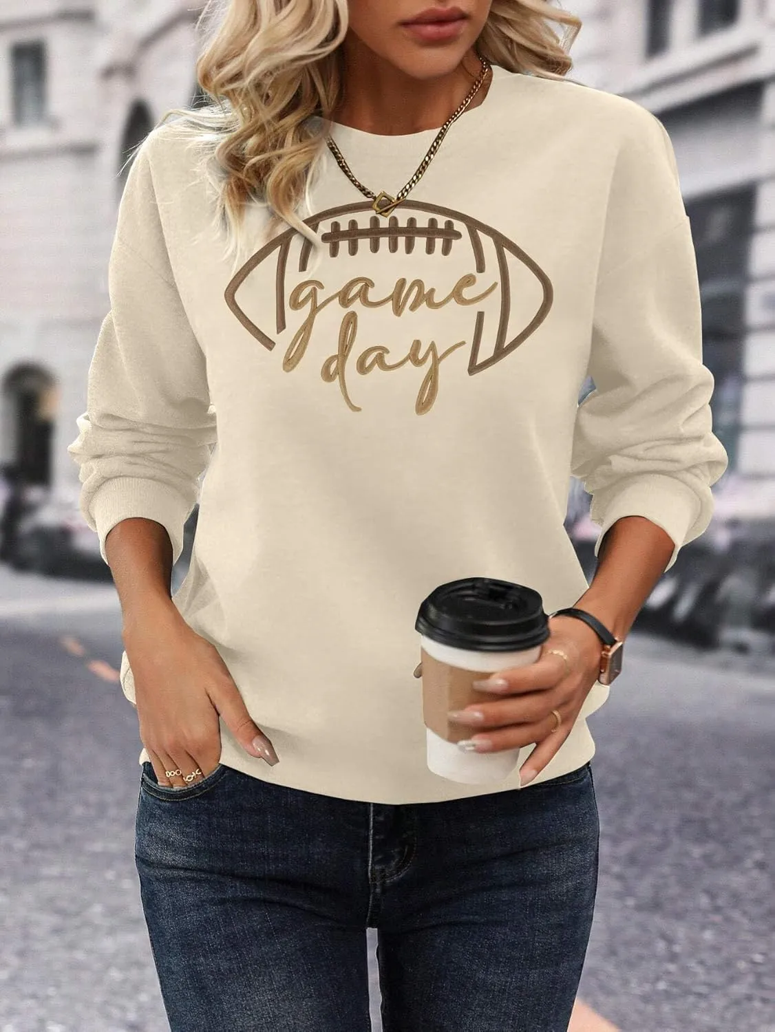 Game Day Sweatshirt Women Embroidered Football Graphic Pullover Casual Long Sleeve Crewneck Football Season Top