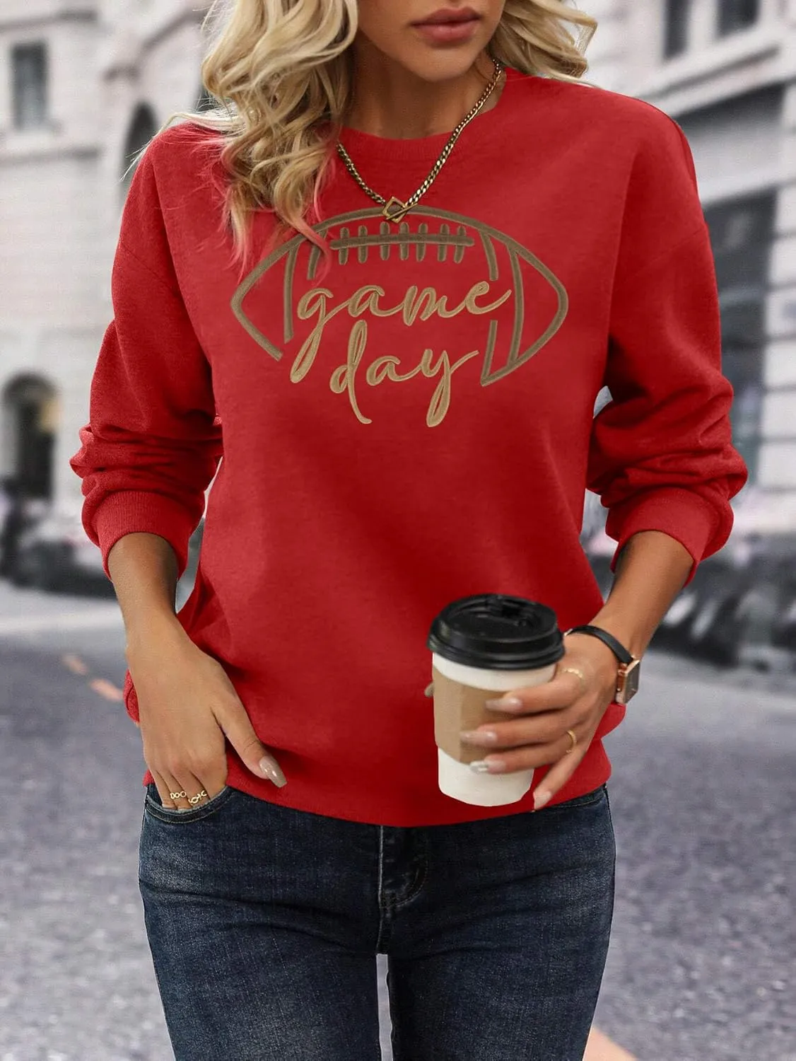 Game Day Sweatshirt Women Embroidered Football Graphic Pullover Casual Long Sleeve Crewneck Football Season Top