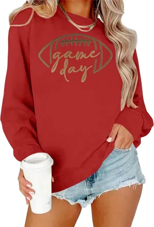 Game Day Sweatshirt Women Embroidered Football Graphic Pullover Casual Long Sleeve Crewneck Football Season Top