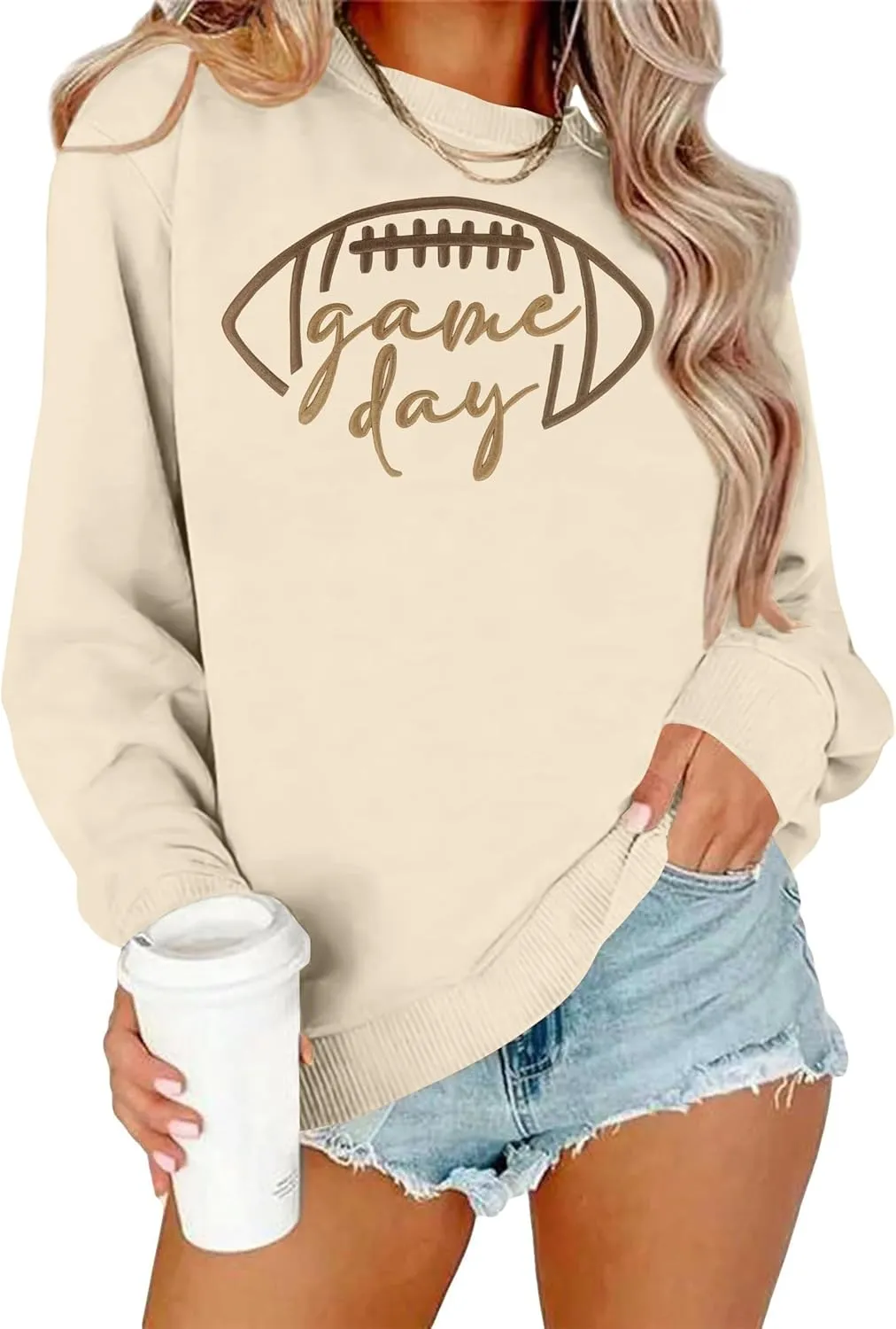 Game Day Sweatshirt Women Embroidered Football Graphic Pullover Casual Long Sleeve Crewneck Football Season Top