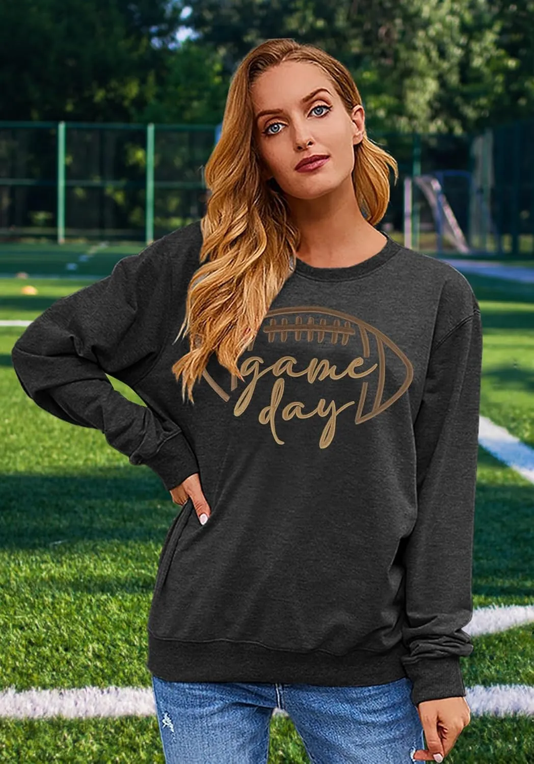 Game Day Sweatshirt Women Embroidered Football Graphic Pullover Casual Long Sleeve Crewneck Football Season Top