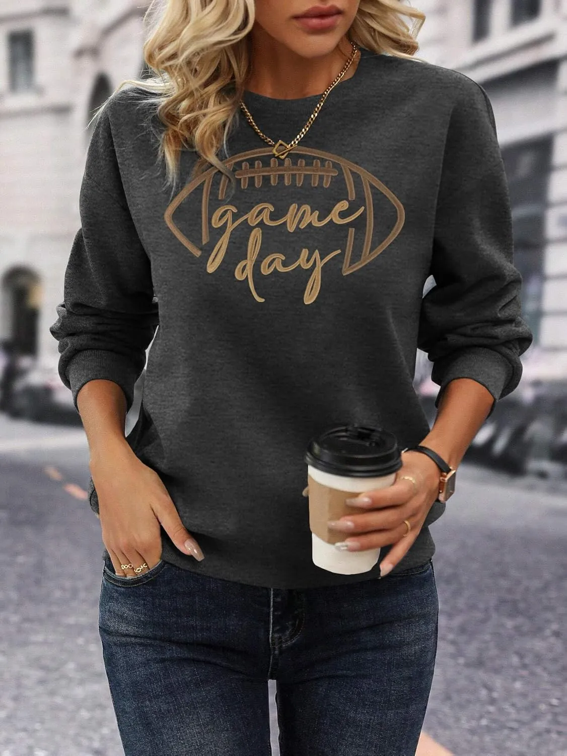 Game Day Sweatshirt Women Embroidered Football Graphic Pullover Casual Long Sleeve Crewneck Football Season Top
