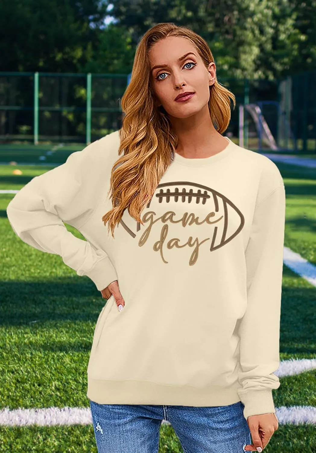 Game Day Sweatshirt Women Embroidered Football Graphic Pullover Casual Long Sleeve Crewneck Football Season Top