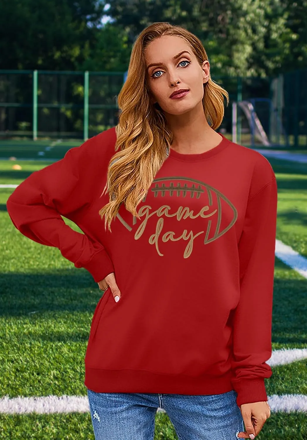 Game Day Sweatshirt Women Embroidered Football Graphic Pullover Casual Long Sleeve Crewneck Football Season Top