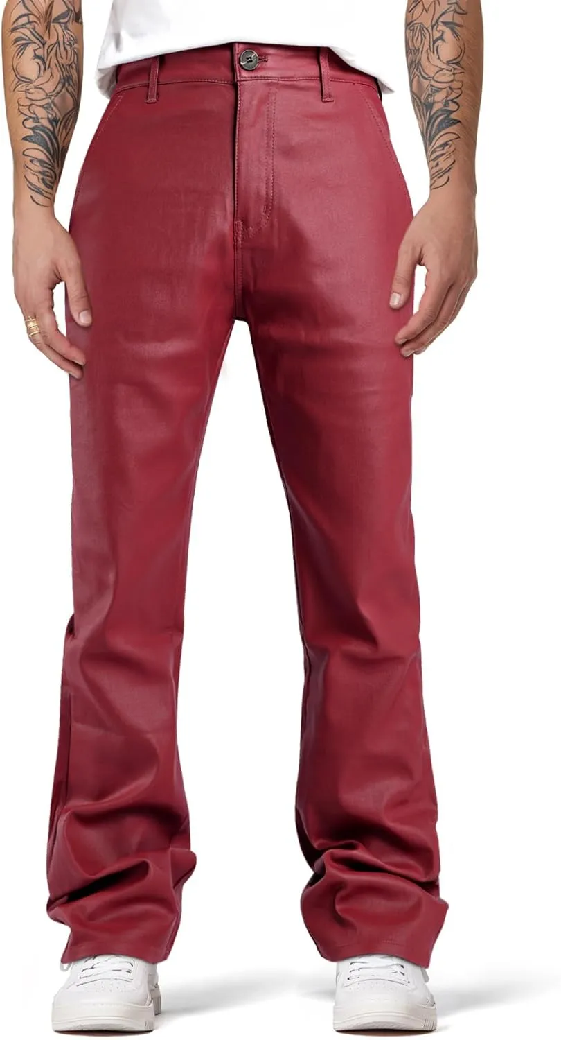 GINGTTO Mens Leather Bell Bottoms Slim Fit 70s Disco Flare Stacked Pants for Men