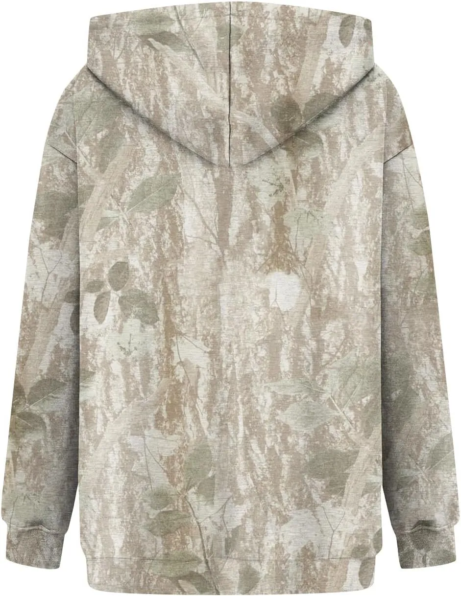 GOFULY Camo Hoodie Womens Fall Oversized Sweatshirt Maple Leaf Print Drawstring Trendy Camo Shirt Clothes With Pockets
