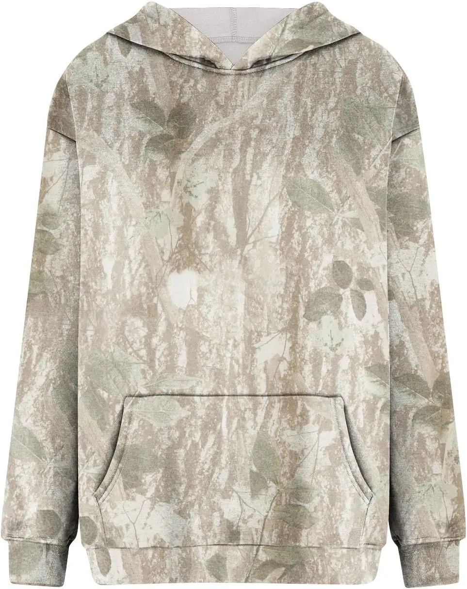 GOFULY Camo Hoodie Womens Fall Oversized Sweatshirt Maple Leaf Print Drawstring Trendy Camo Shirt Clothes With Pockets