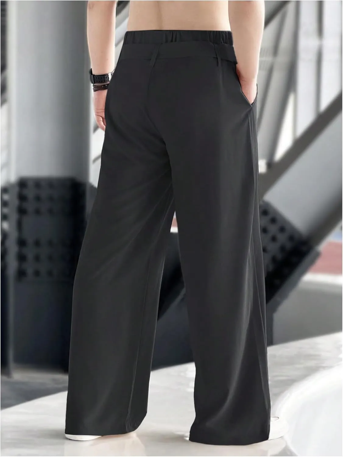 GORGLITTER Men's Casual Wide Leg Dress Pants Elastic High Waisted Baggy Streetwear Trousers