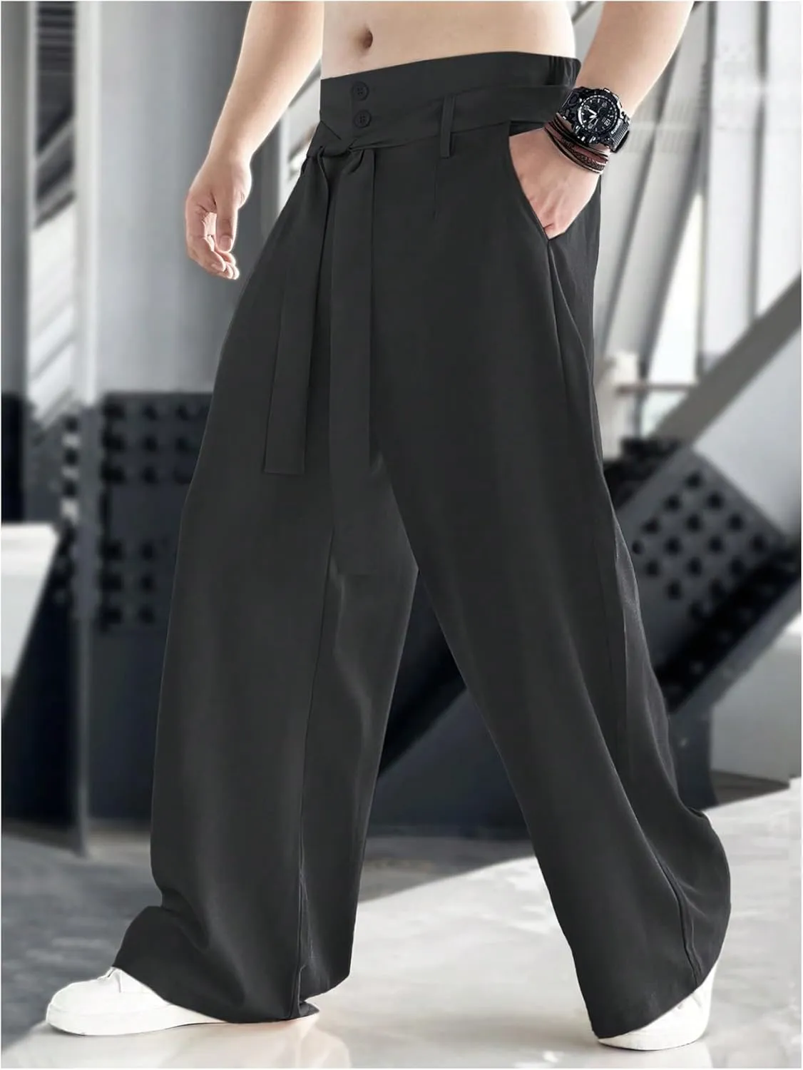 GORGLITTER Men's Casual Wide Leg Dress Pants Elastic High Waisted Baggy Streetwear Trousers