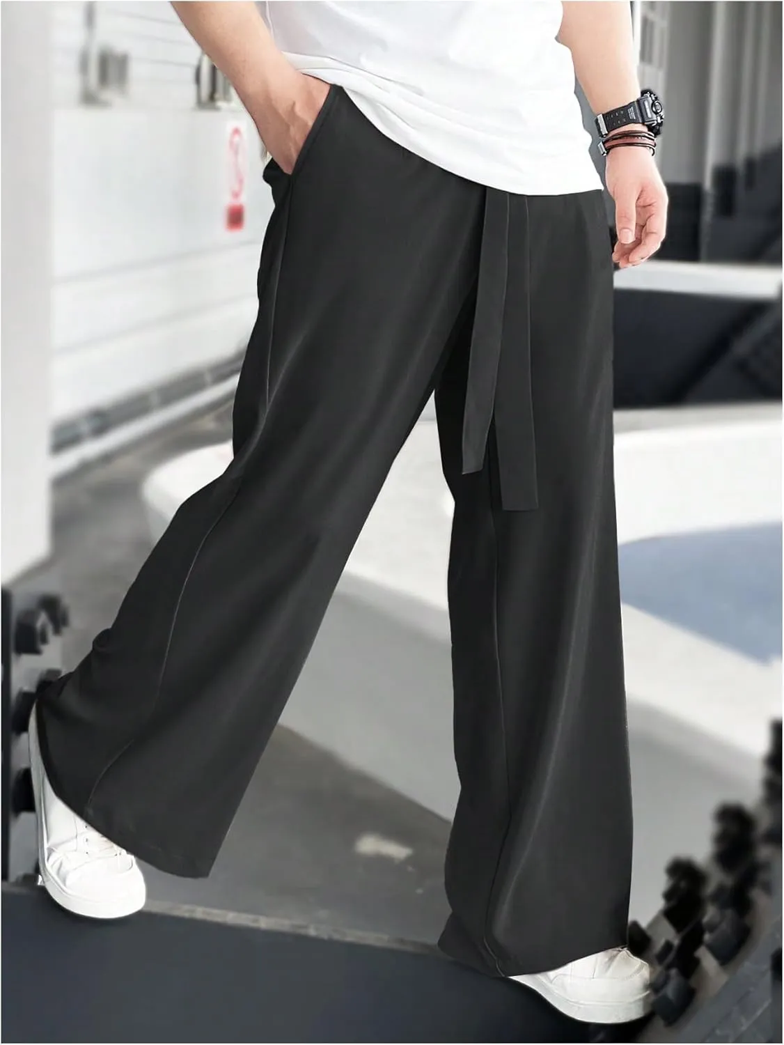 GORGLITTER Men's Casual Wide Leg Dress Pants Elastic High Waisted Baggy Streetwear Trousers