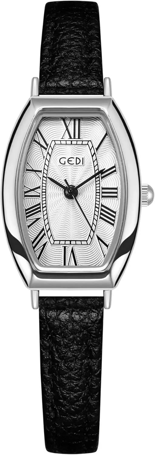 Gosasa Vintage Women's Quartz Watch Roman Numerals Dial Dainty Tonneau-Shaped Case Waterproof Analog Ladies Dress Casual Wristwatch with Leather Strap