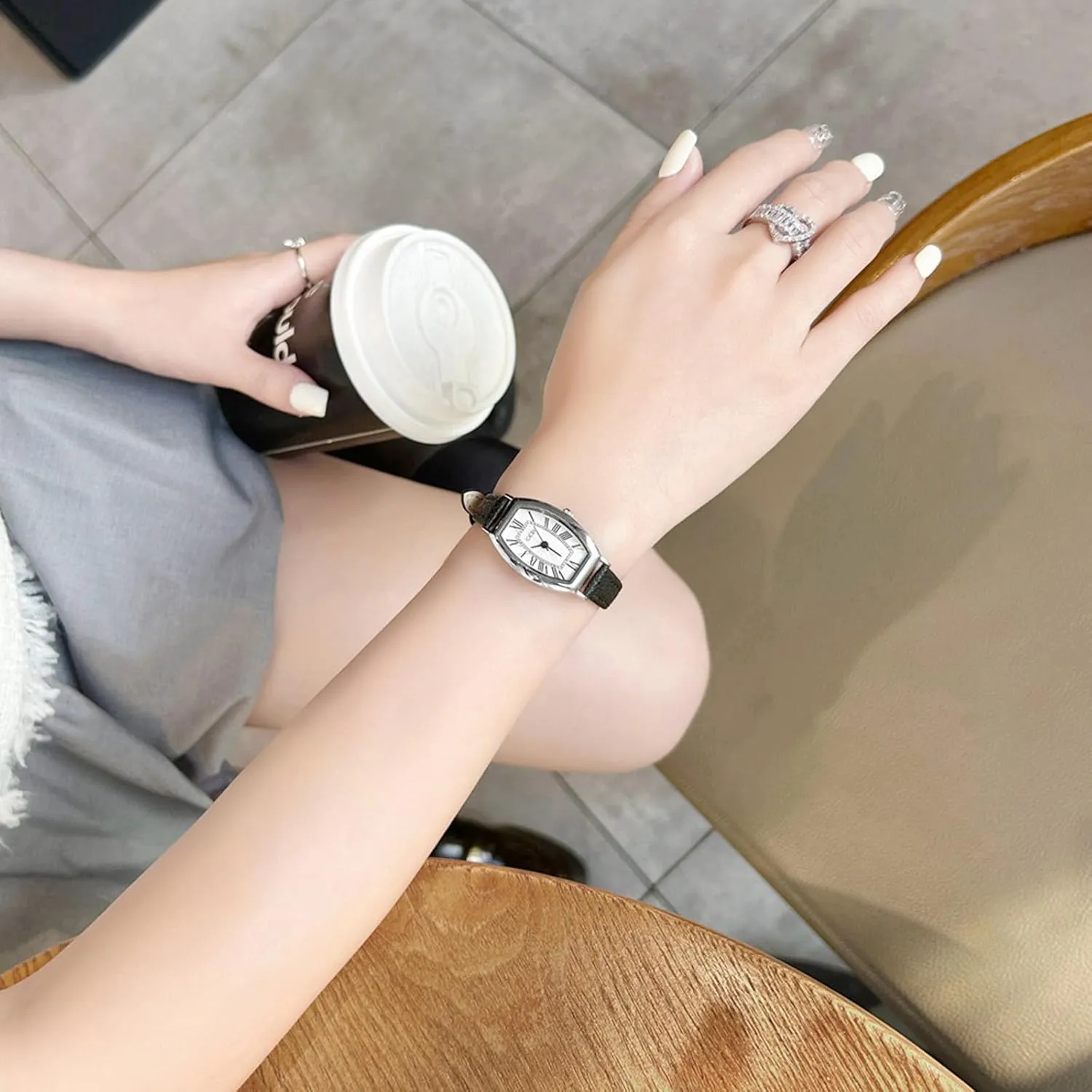 Gosasa Vintage Women's Quartz Watch Roman Numerals Dial Dainty Tonneau-Shaped Case Waterproof Analog Ladies Dress Casual Wristwatch with Leather Strap