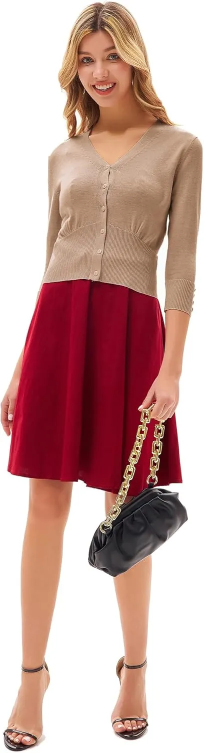 GRACE KARIN Women's Cropped Cardigan V-Neck Button Down Open Front Ribbed Knit Shrug Sweater