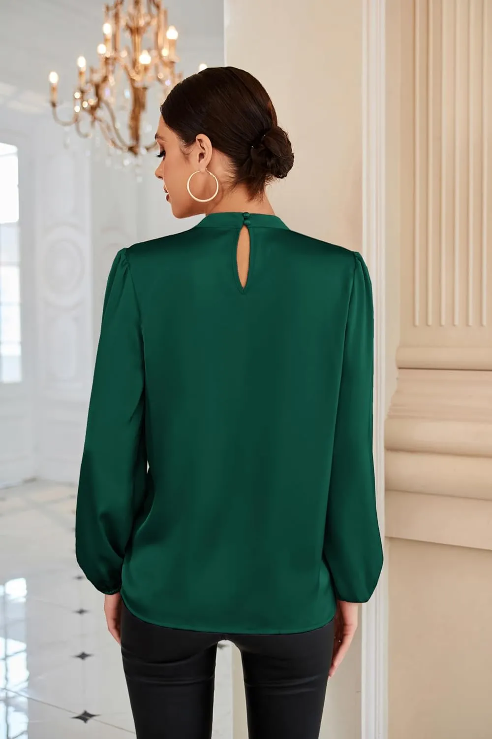 GRACE KARIN Women's Long Sleeve Shirts Mock Neck Casual Satin Blouse Tops for Business Office Work