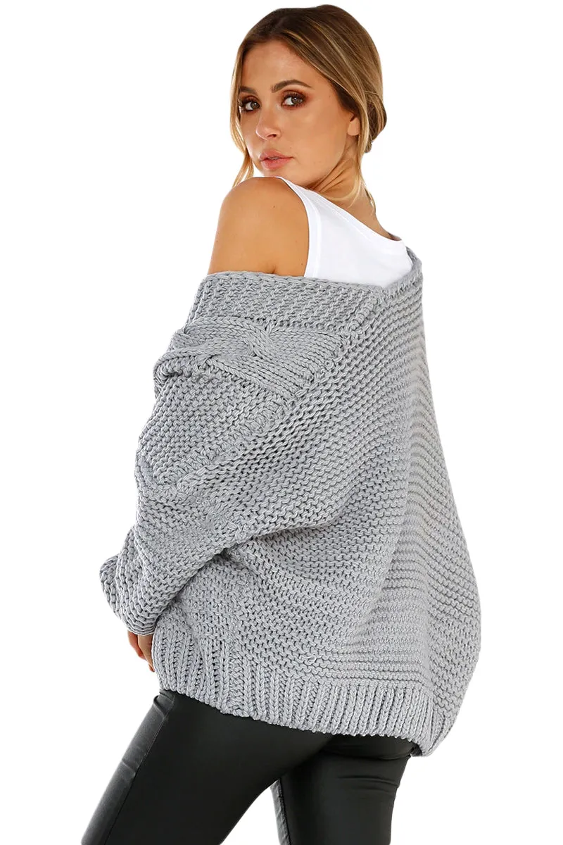 Gray Chunky Wide Long Sleeve Knit Cardigan