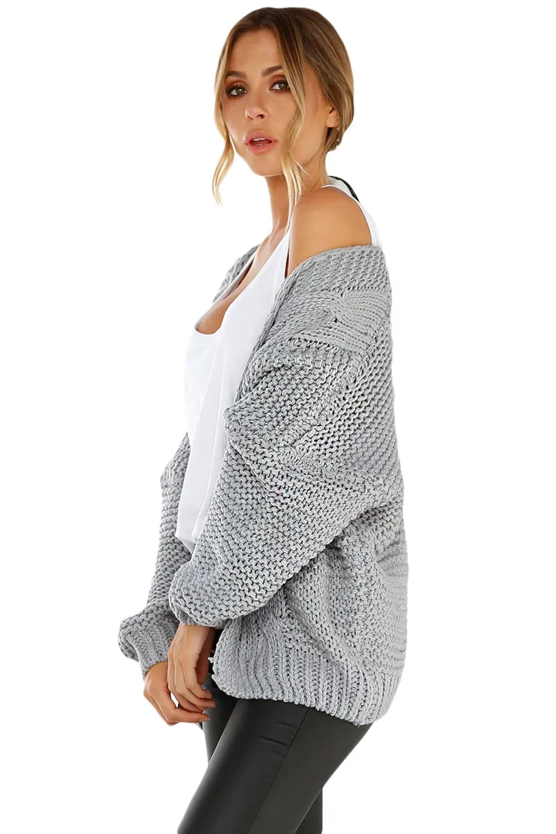 Gray Chunky Wide Long Sleeve Knit Cardigan