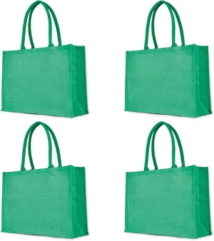 Green Juco Tote Bag Set of 4  Eco-Friendly Burlap Reusable Bags with Handles for Weddings, Shopping, Beach, and DIY Crafts (13"H x 18"L x 6"W)